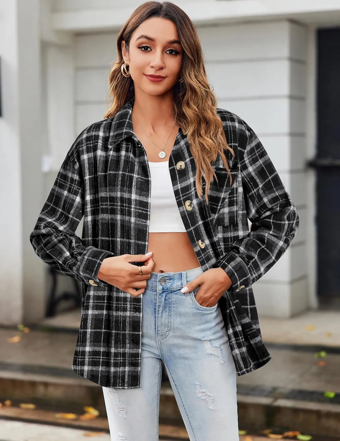 Zeagoo Women Flannel Shacket Jacket Plaid Button Down Long Sleeve Shirt Fall Outfits 2024