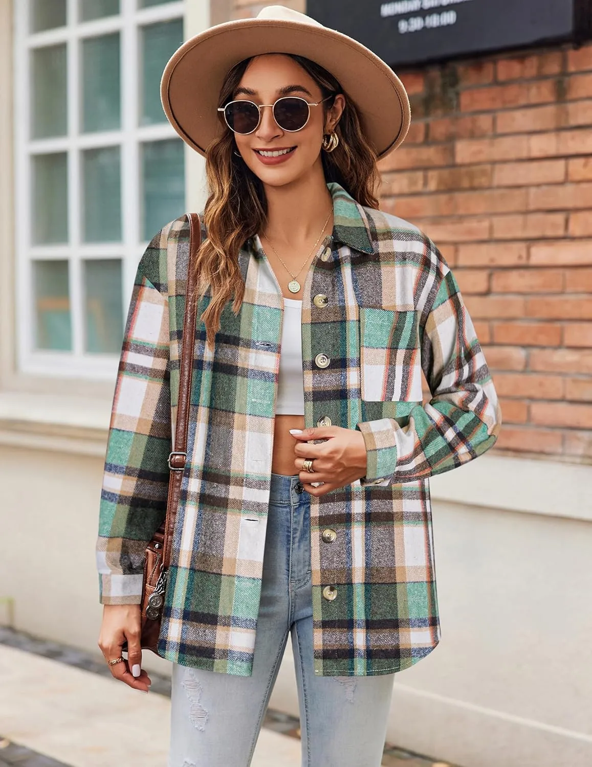 Zeagoo Women Flannel Shacket Jacket Plaid Button Down Long Sleeve Shirt Fall Outfits 2024