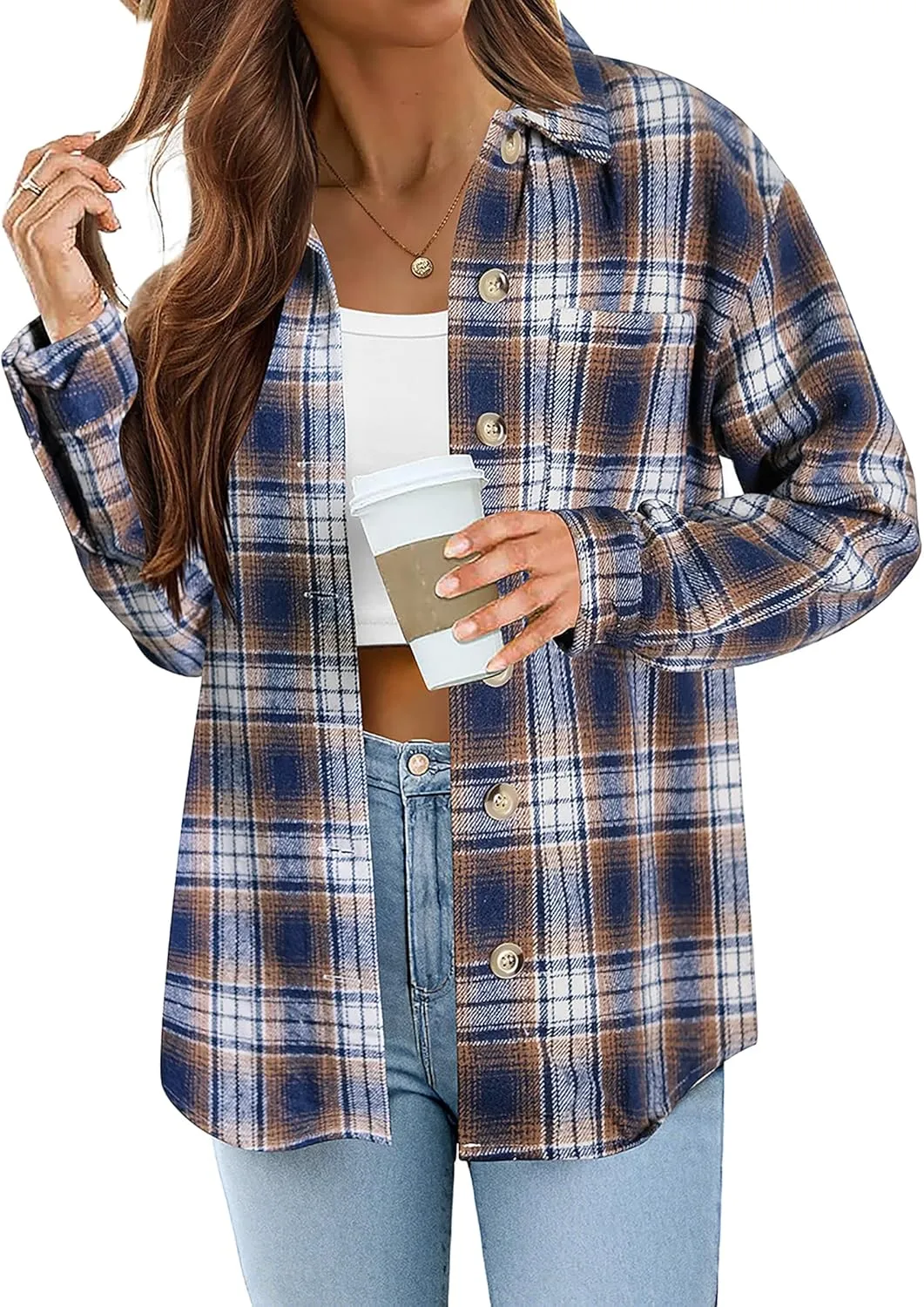 Zeagoo Women Flannel Shacket Jacket Plaid Button Down Long Sleeve Shirt Fall Outfits 2024