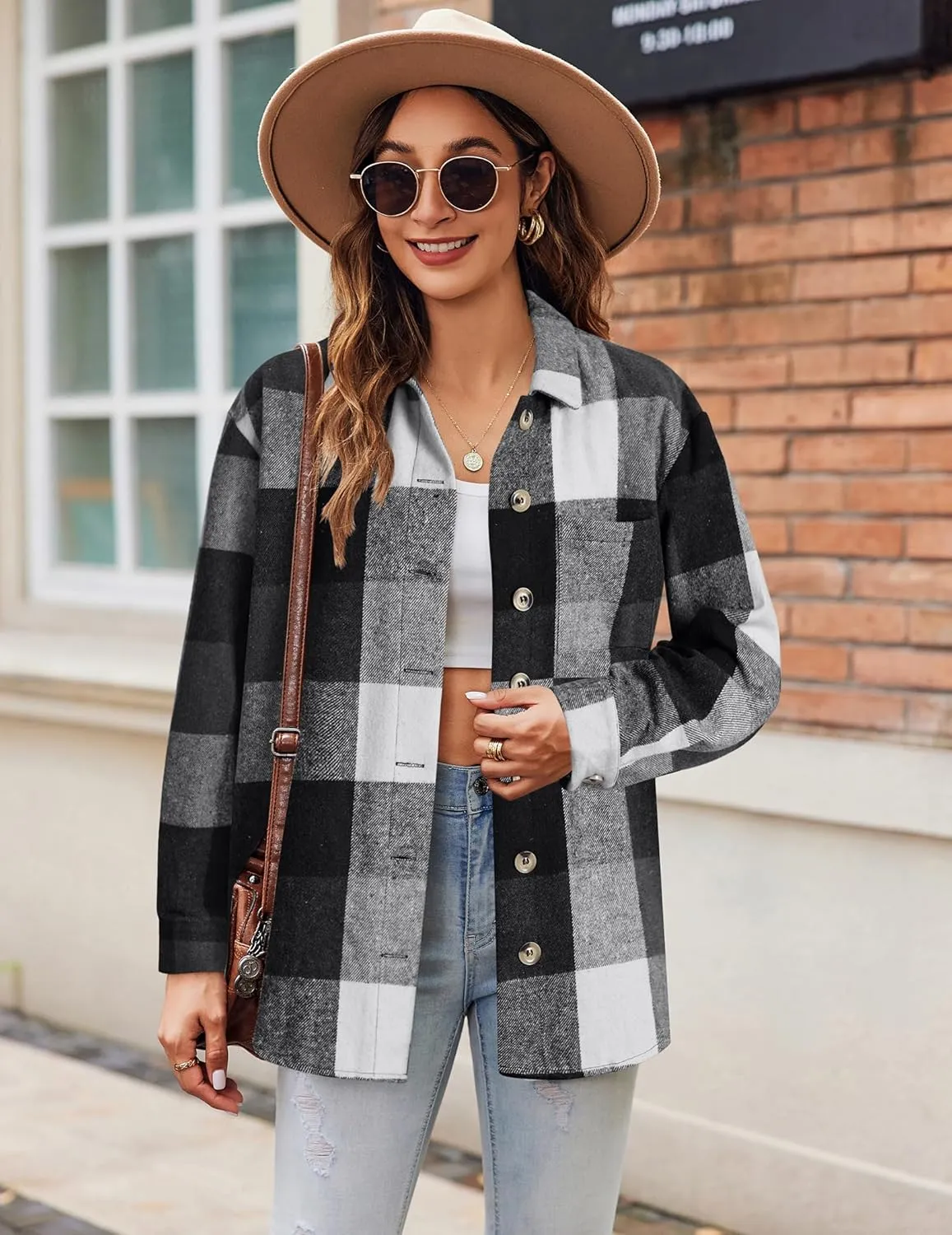 Zeagoo Women Flannel Shacket Jacket Plaid Button Down Long Sleeve Shirt Fall Outfits 2024