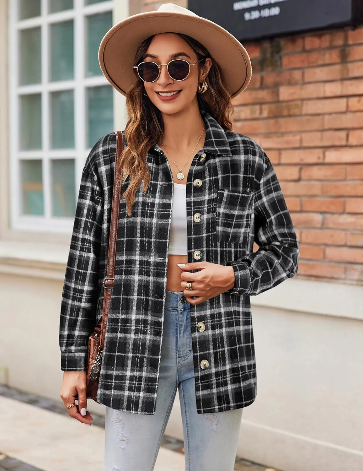 Zeagoo Women Flannel Shacket Jacket Plaid Button Down Long Sleeve Shirt Fall Outfits 2024