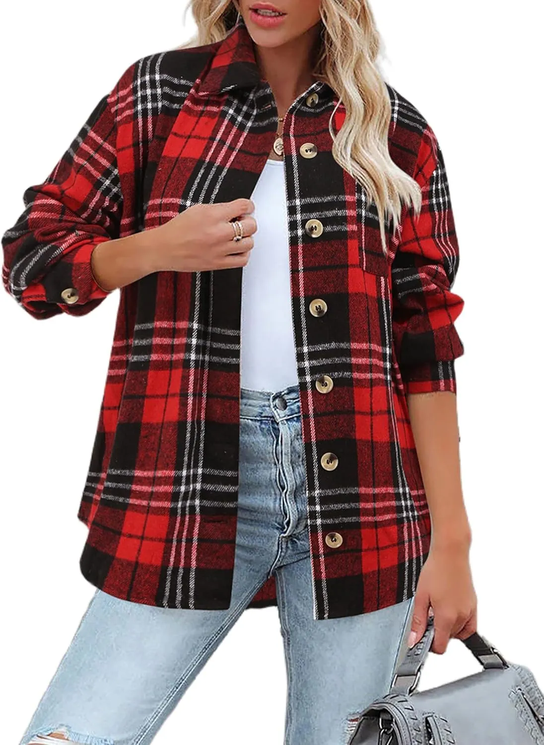 Zeagoo Women Flannel Shacket Jacket Plaid Button Down Long Sleeve Shirt Fall Outfits 2024