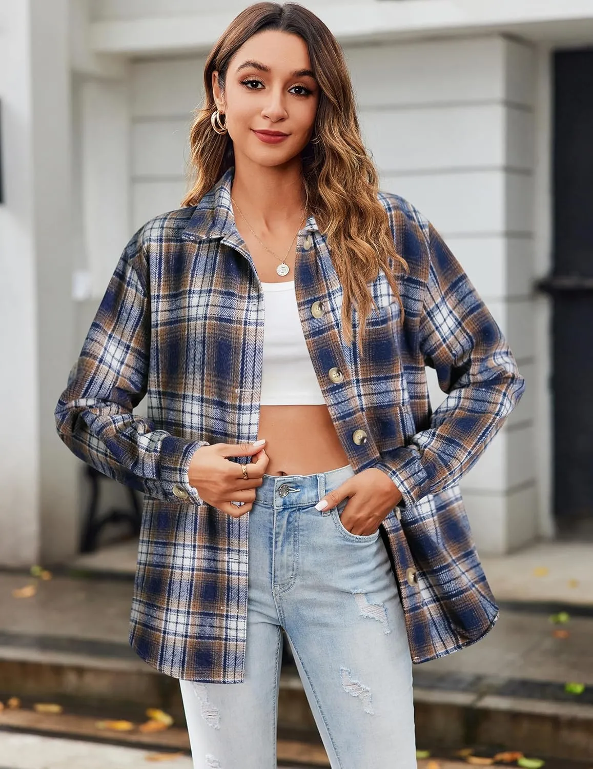 Zeagoo Women Flannel Shacket Jacket Plaid Button Down Long Sleeve Shirt Fall Outfits 2024