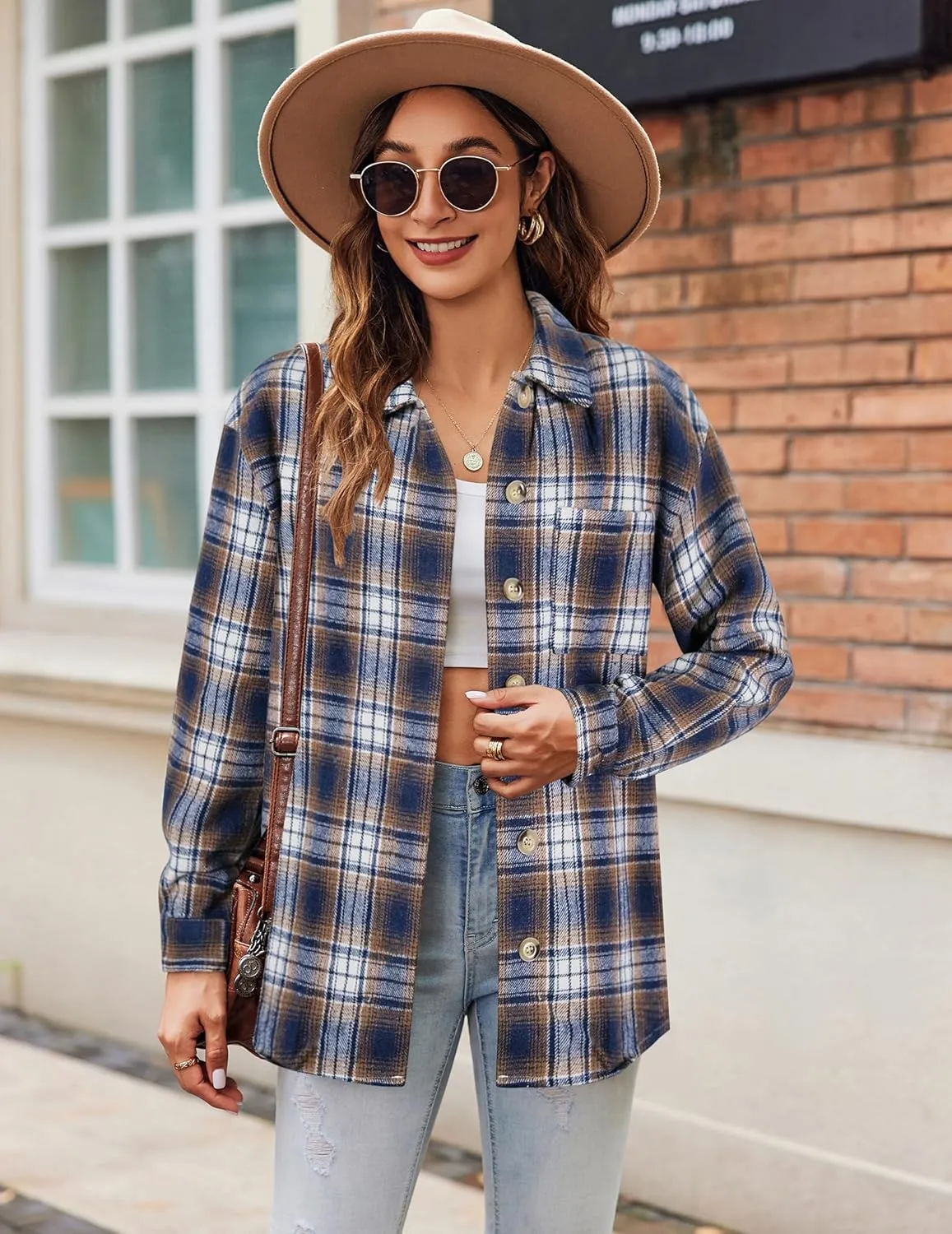 Zeagoo Women Flannel Shacket Jacket Plaid Button Down Long Sleeve Shirt Fall Outfits 2024