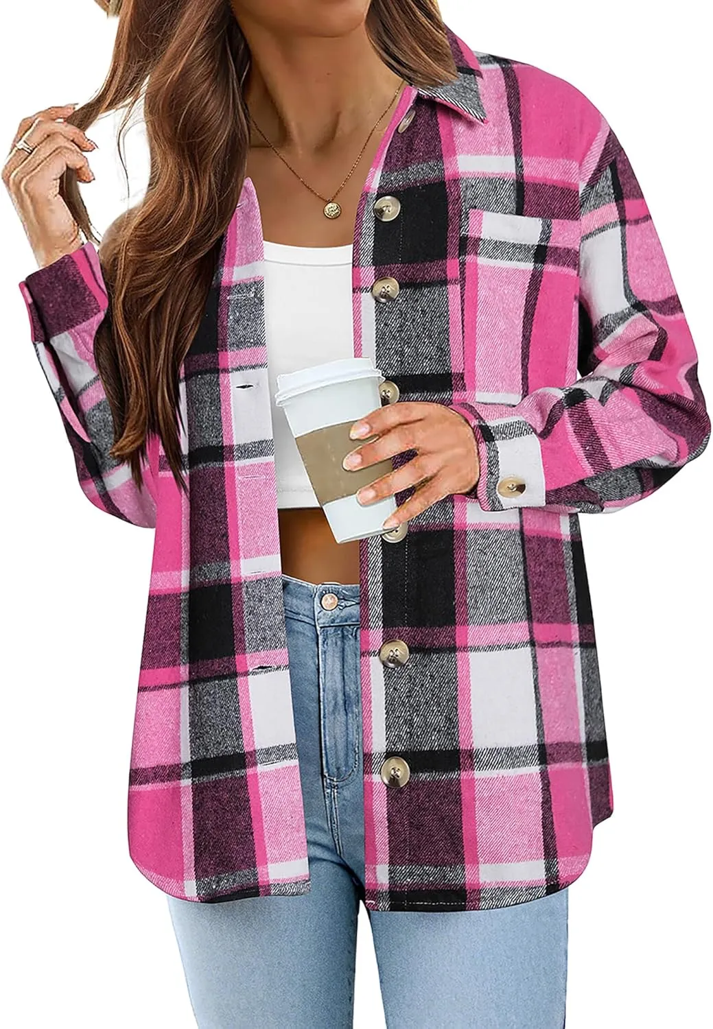 Zeagoo Women Flannel Shacket Jacket Plaid Button Down Long Sleeve Shirt Fall Outfits 2024