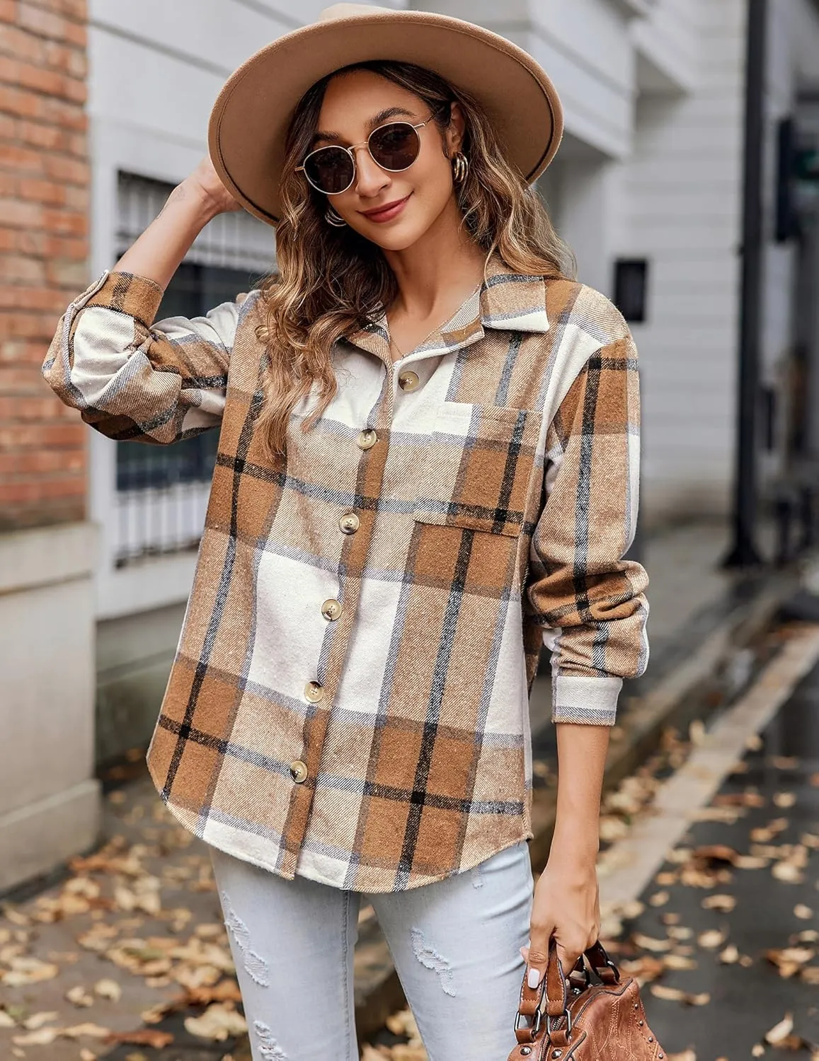 Zeagoo Women Flannel Shacket Jacket Plaid Button Down Long Sleeve Shirt Fall Outfits 2024