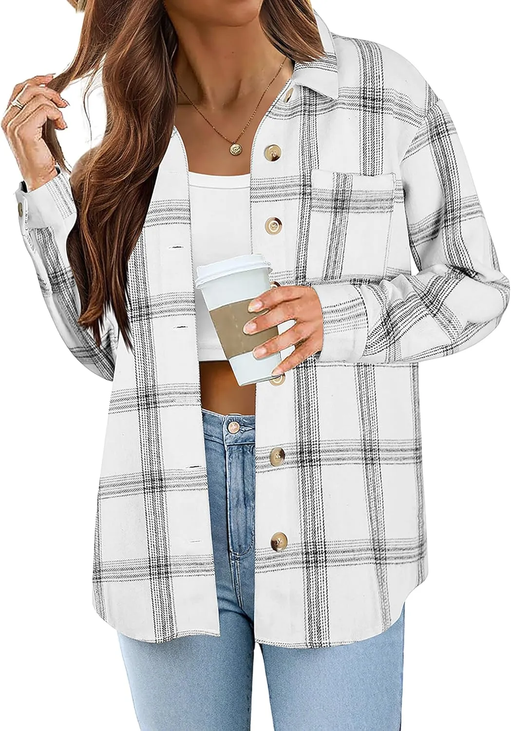 Zeagoo Women Flannel Shacket Jacket Plaid Button Down Long Sleeve Shirt Fall Outfits 2024