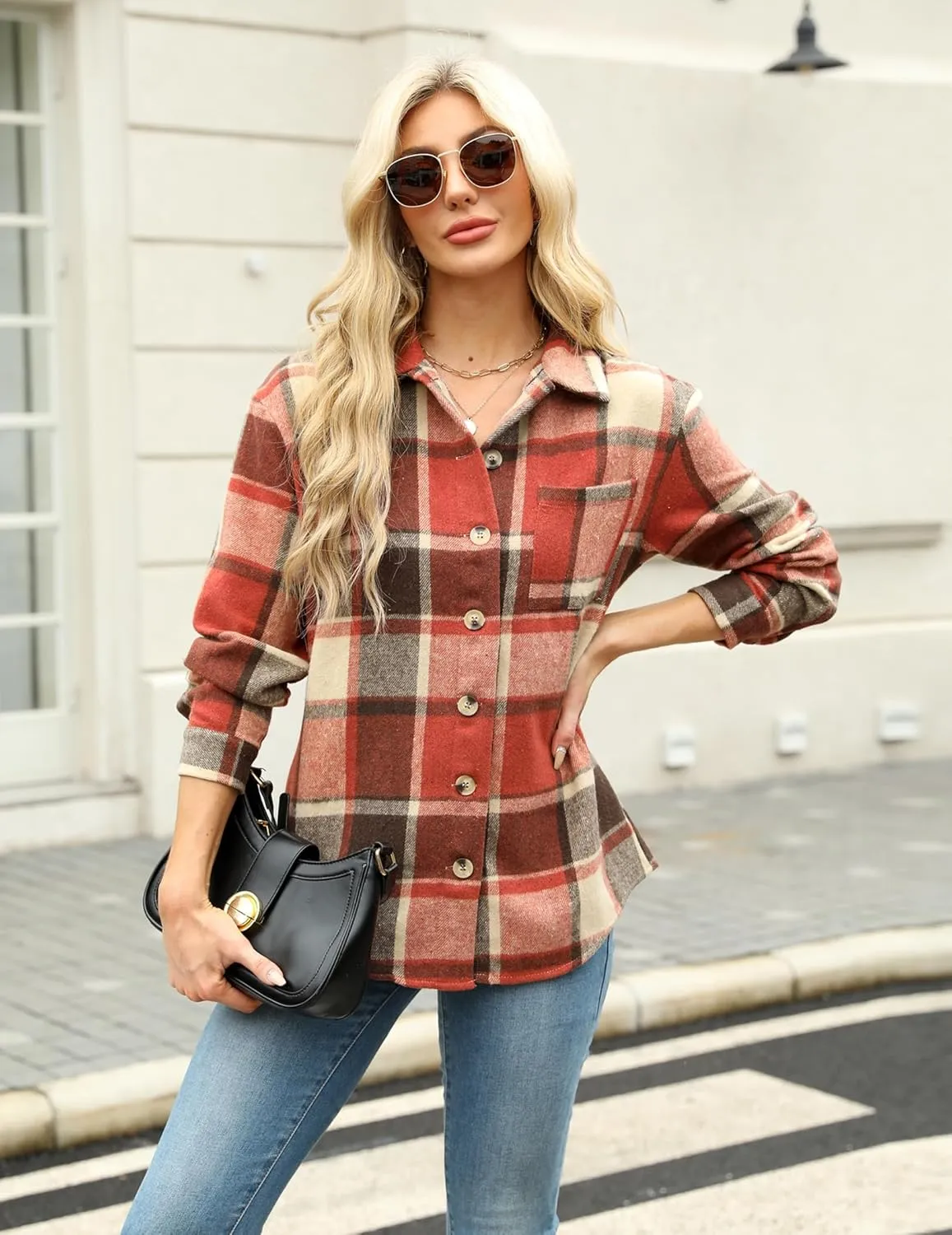 Zeagoo Women Flannel Shacket Jacket Plaid Button Down Long Sleeve Shirt Fall Outfits 2024