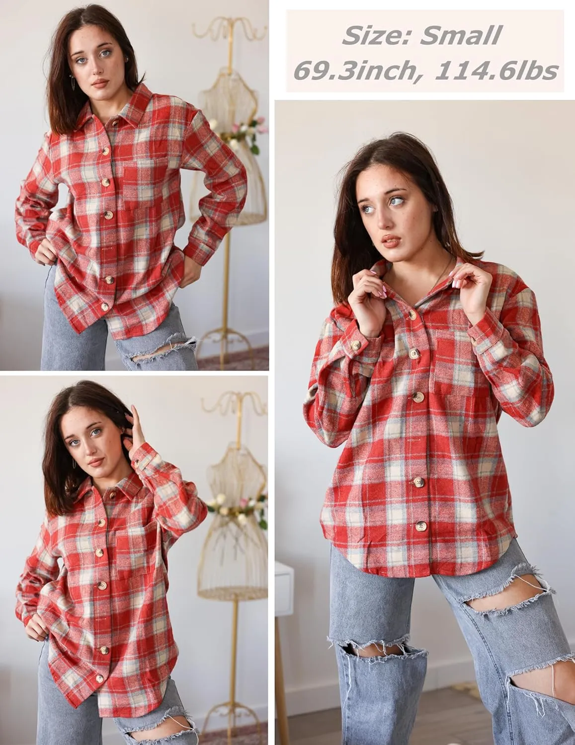 Zeagoo Women Flannel Shacket Jacket Plaid Button Down Long Sleeve Shirt Fall Outfits 2024