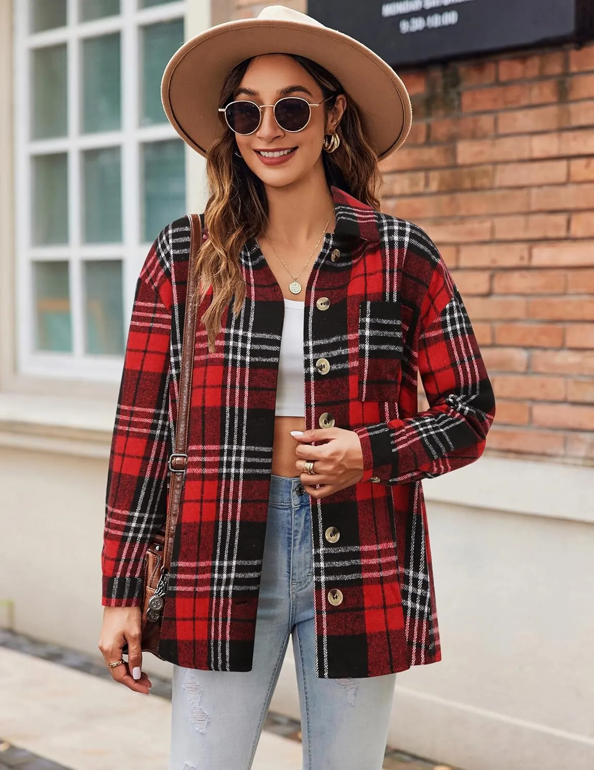 Zeagoo Women Flannel Shacket Jacket Plaid Button Down Long Sleeve Shirt Fall Outfits 2024