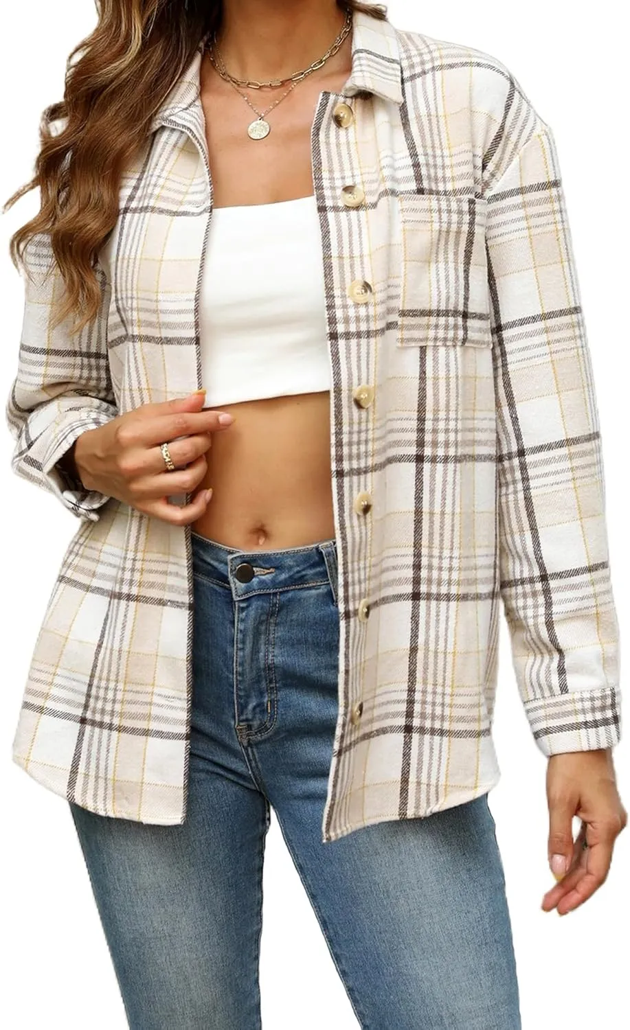 Zeagoo Women Flannel Shacket Jacket Plaid Button Down Long Sleeve Shirt Fall Outfits 2024