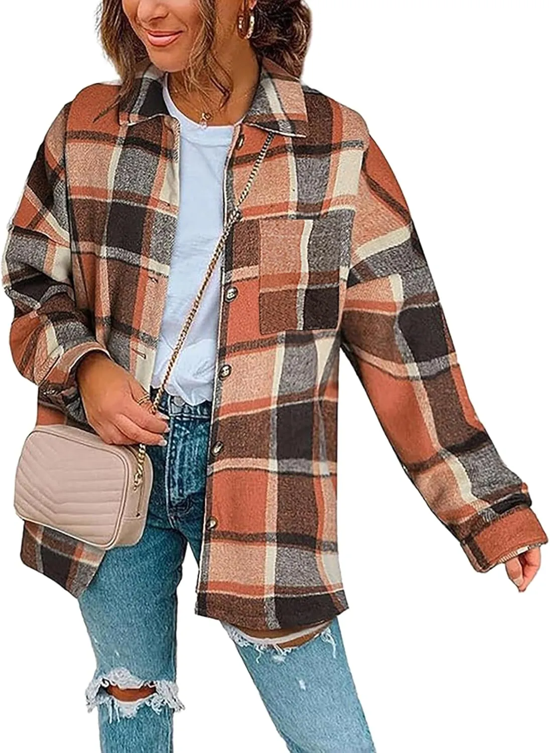 Zeagoo Women Flannel Shacket Jacket Plaid Button Down Long Sleeve Shirt Fall Outfits 2024