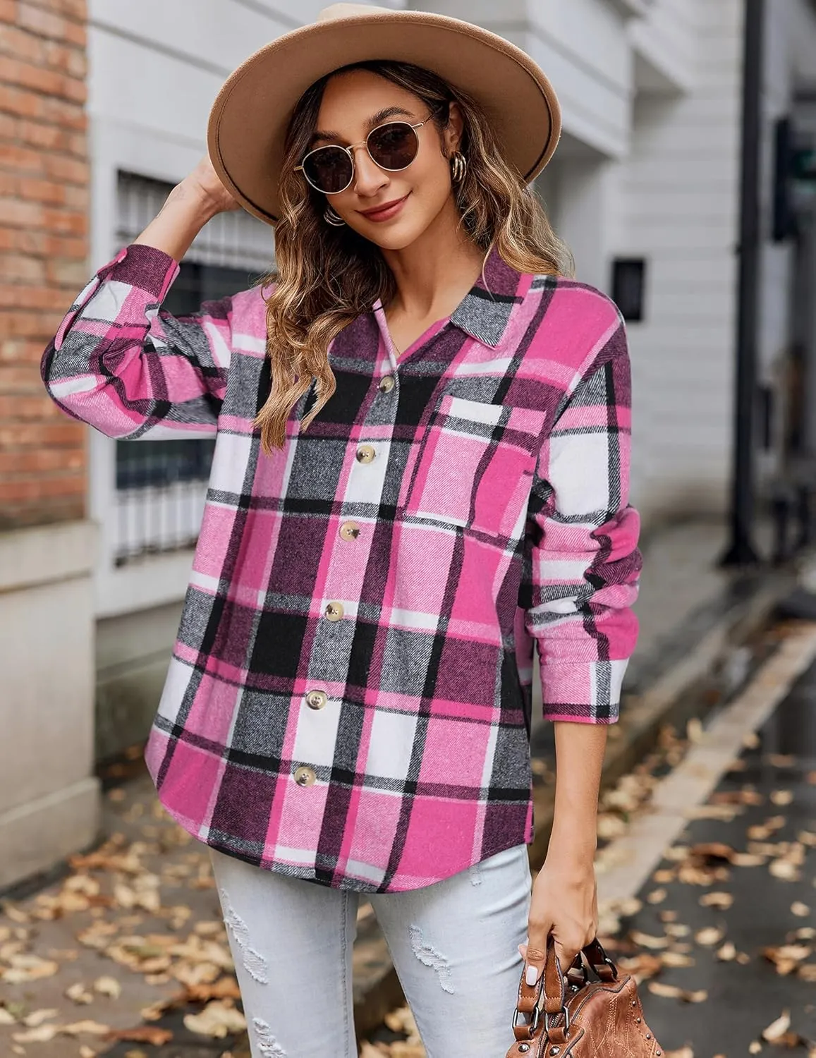 Zeagoo Women Flannel Shacket Jacket Plaid Button Down Long Sleeve Shirt Fall Outfits 2024