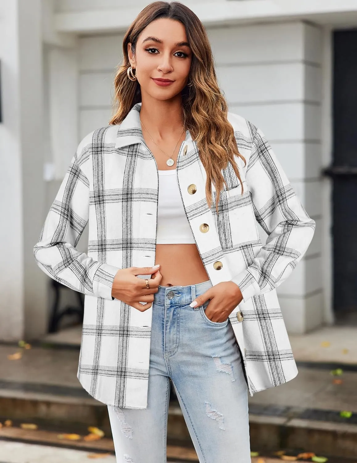 Zeagoo Women Flannel Shacket Jacket Plaid Button Down Long Sleeve Shirt Fall Outfits 2024