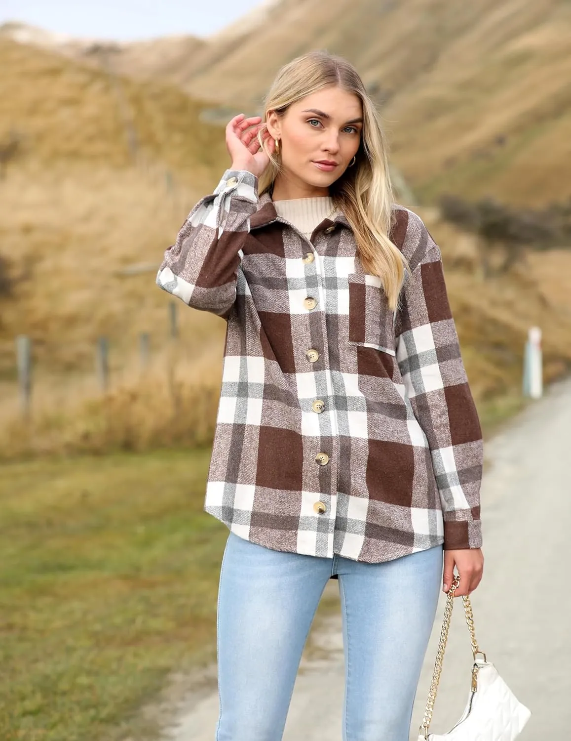 Zeagoo Women Flannel Shacket Jacket Plaid Button Down Long Sleeve Shirt Fall Outfits 2024