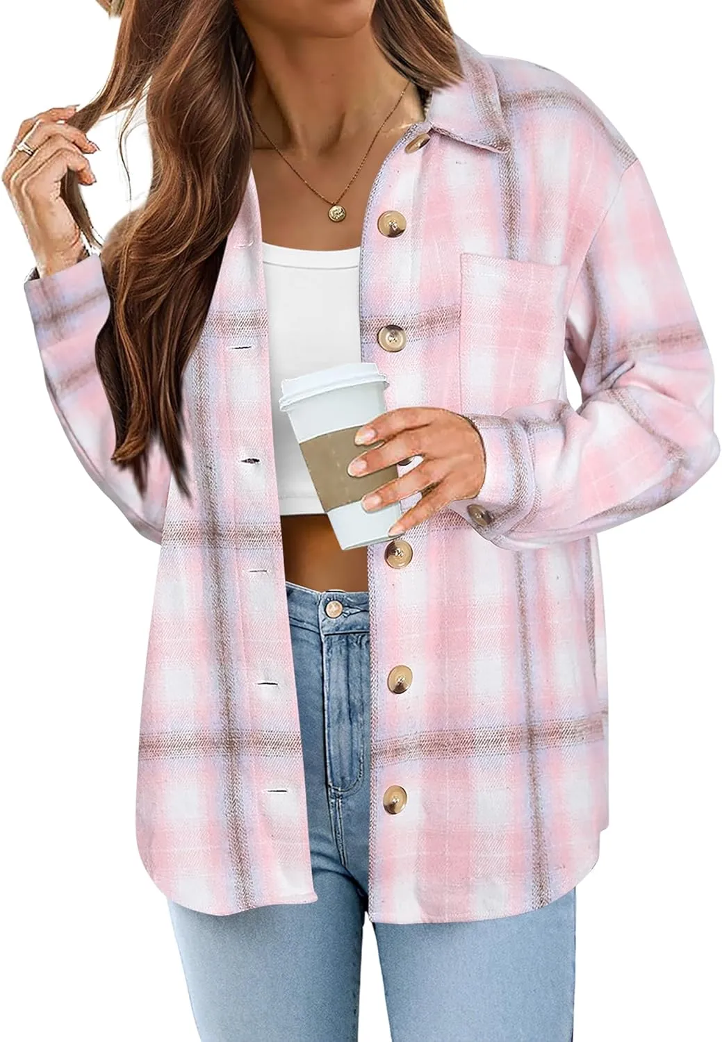 Zeagoo Women Flannel Shacket Jacket Plaid Button Down Long Sleeve Shirt Fall Outfits 2024