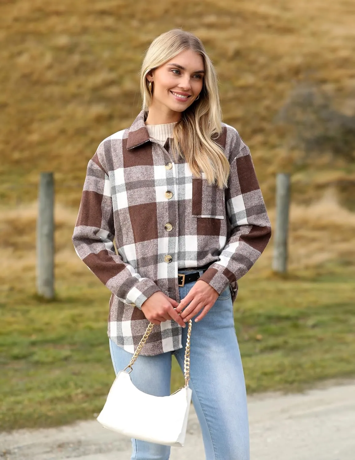 Zeagoo Women Flannel Shacket Jacket Plaid Button Down Long Sleeve Shirt Fall Outfits 2024