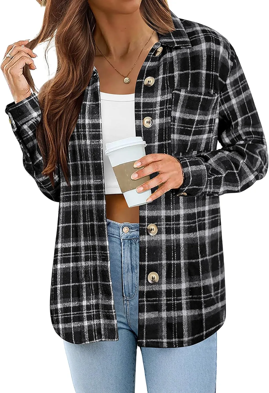 Zeagoo Women Flannel Shacket Jacket Plaid Button Down Long Sleeve Shirt Fall Outfits 2024