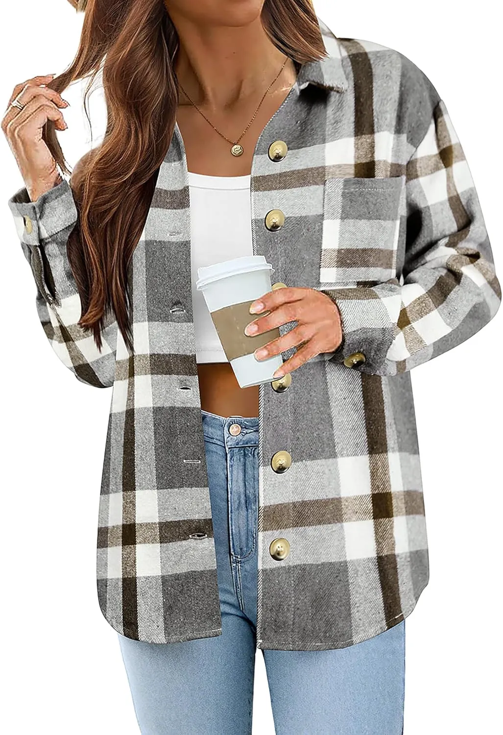 Zeagoo Women Flannel Shacket Jacket Plaid Button Down Long Sleeve Shirt Fall Outfits 2024