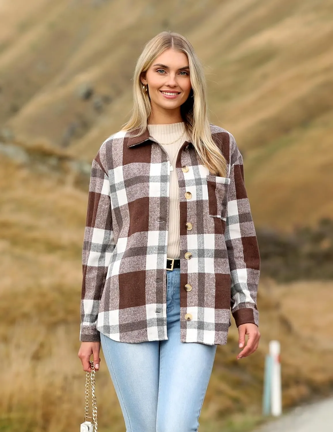 Zeagoo Women Flannel Shacket Jacket Plaid Button Down Long Sleeve Shirt Fall Outfits 2024