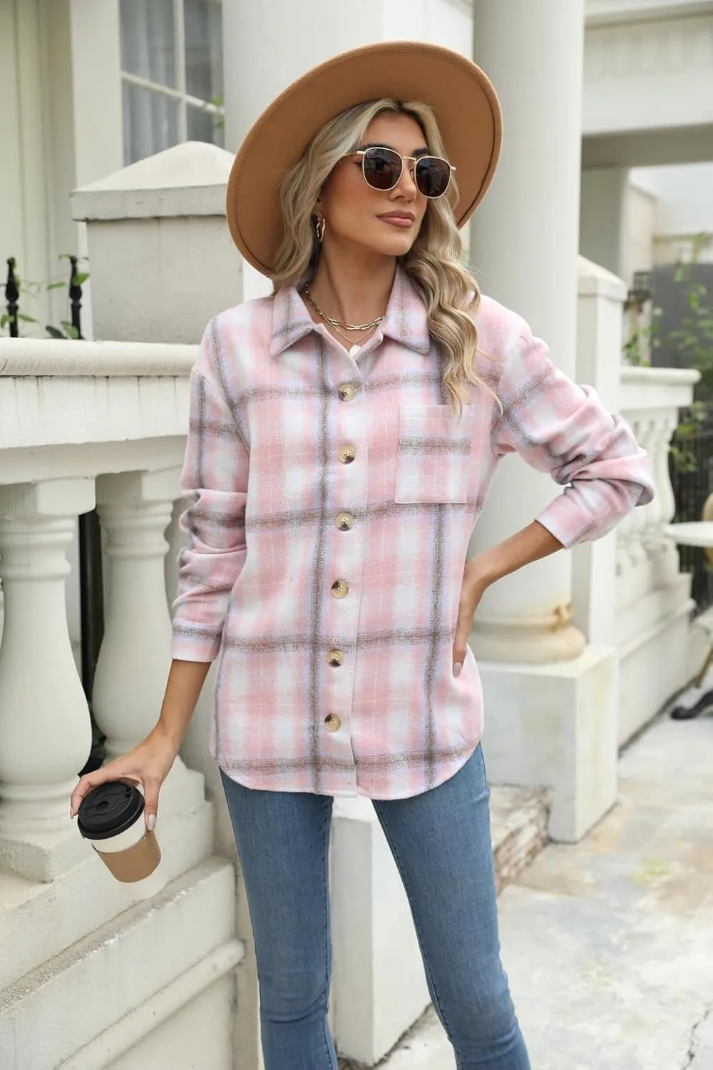 Zeagoo Women Flannel Shacket Jacket Plaid Button Down Long Sleeve Shirt Fall Outfits 2024