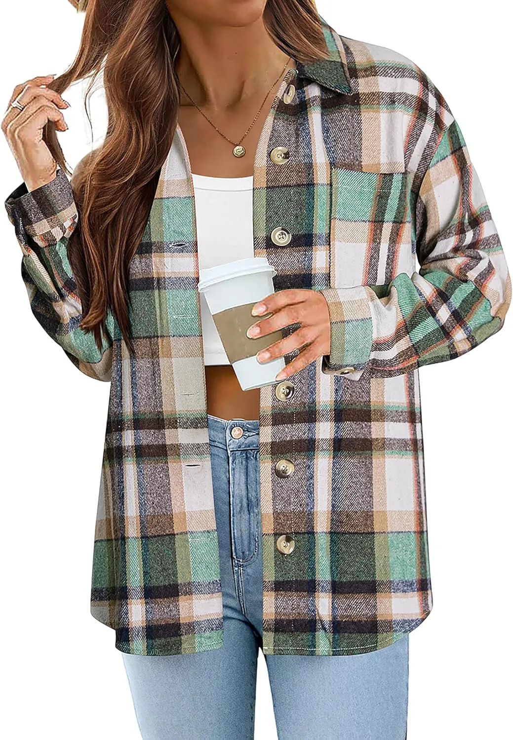 Zeagoo Women Flannel Shacket Jacket Plaid Button Down Long Sleeve Shirt Fall Outfits 2024