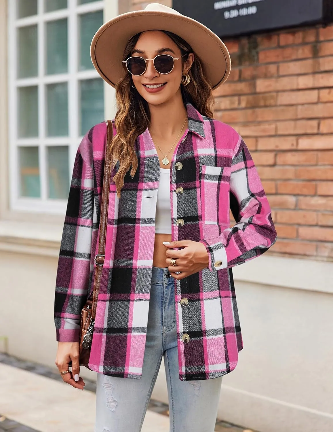 Zeagoo Women Flannel Shacket Jacket Plaid Button Down Long Sleeve Shirt Fall Outfits 2024