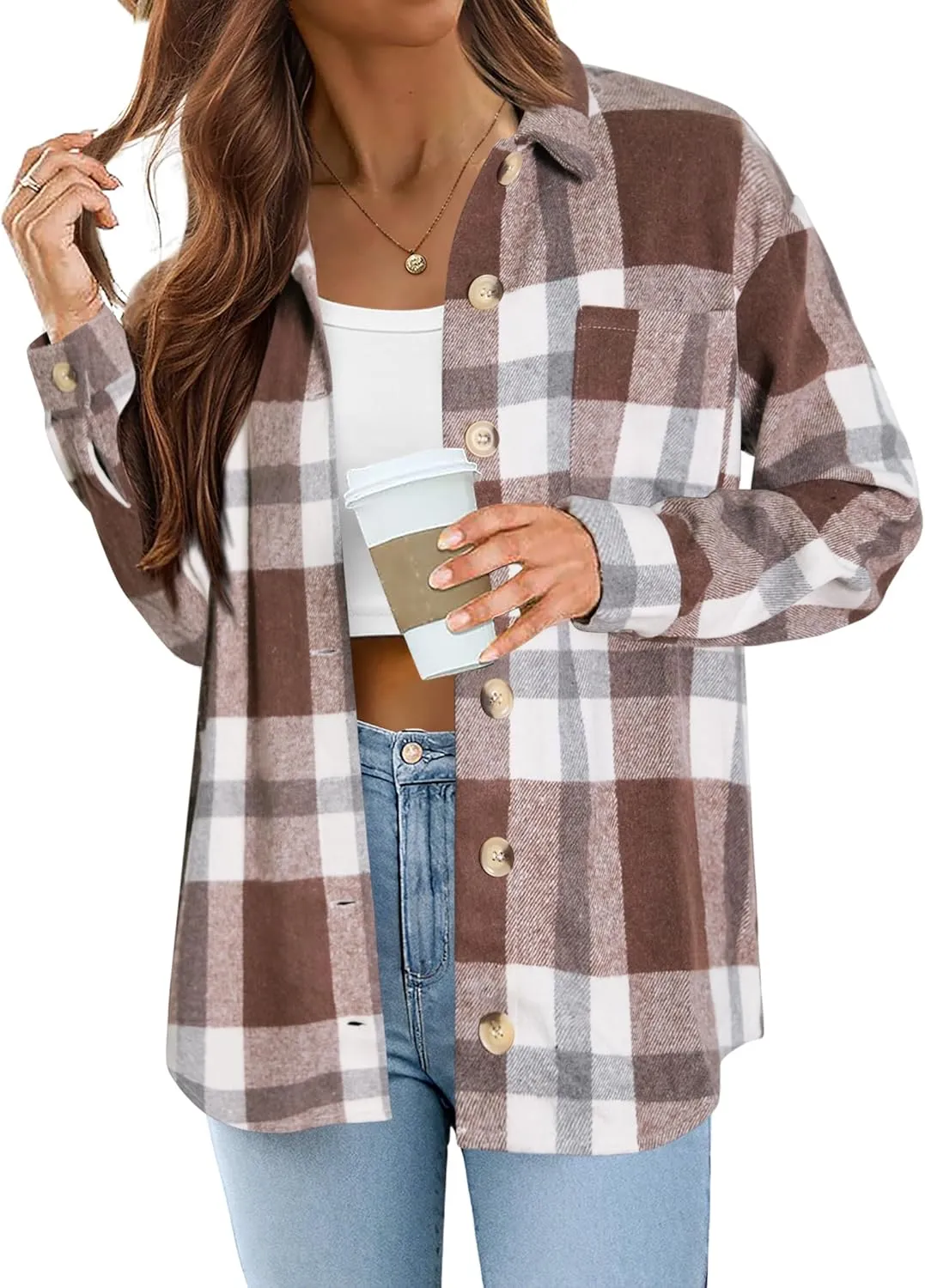 Zeagoo Women Flannel Shacket Jacket Plaid Button Down Long Sleeve Shirt Fall Outfits 2024