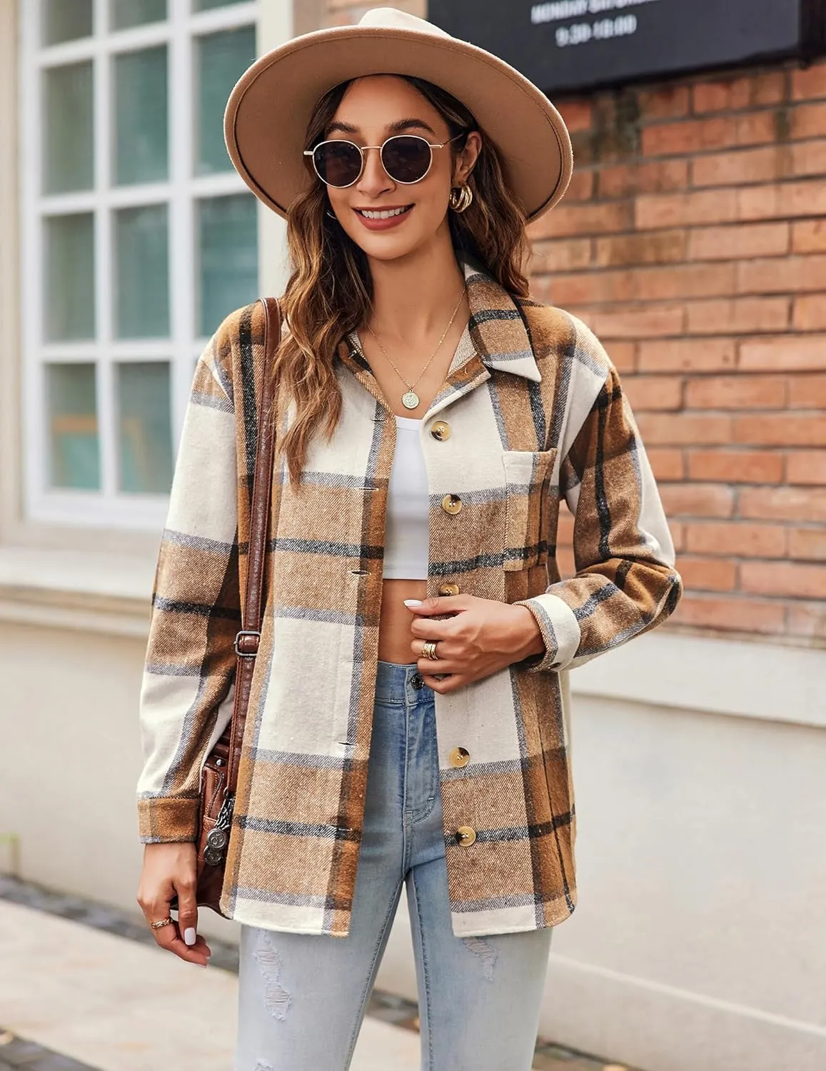 Zeagoo Women Flannel Shacket Jacket Plaid Button Down Long Sleeve Shirt Fall Outfits 2024