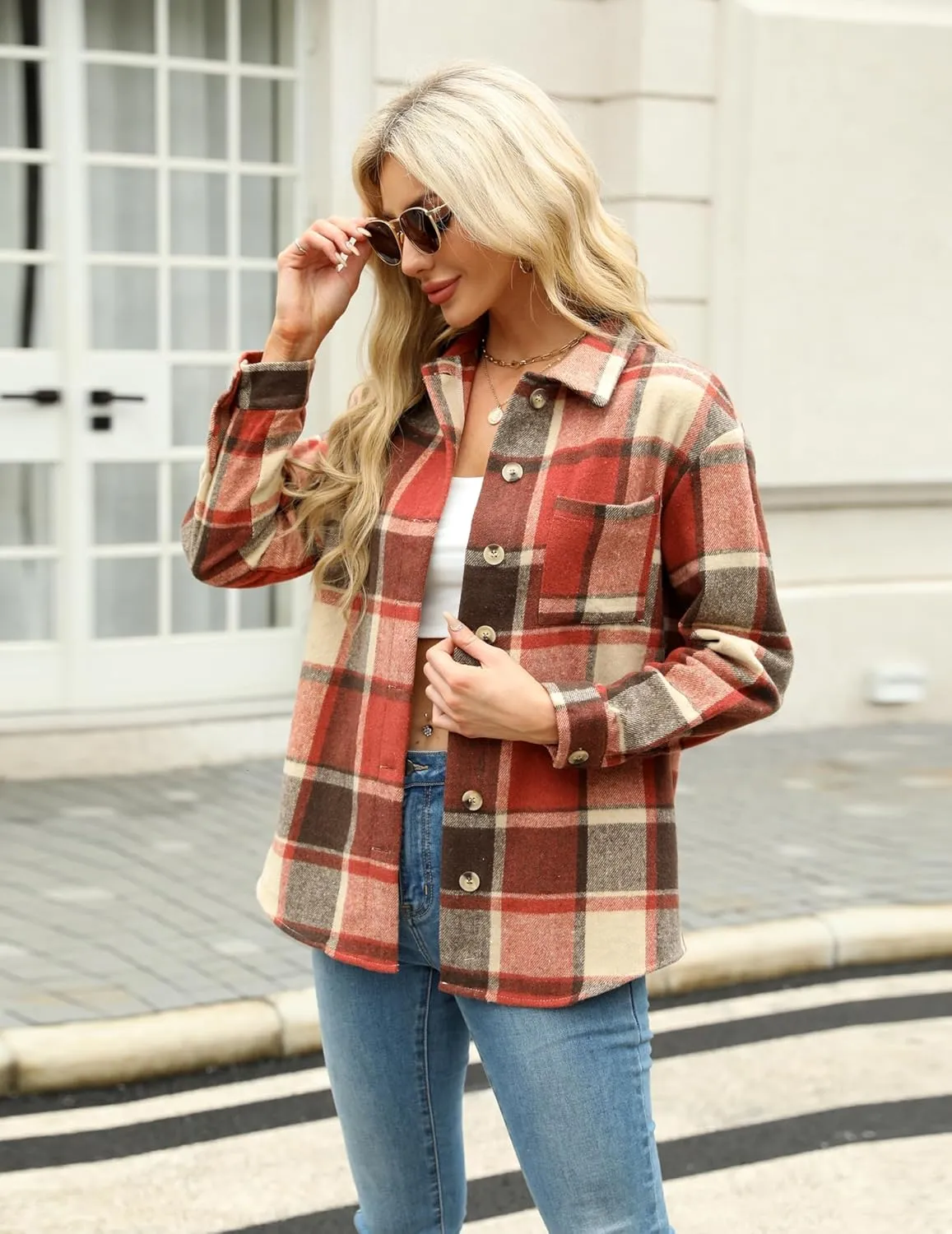 Zeagoo Women Flannel Shacket Jacket Plaid Button Down Long Sleeve Shirt Fall Outfits 2024