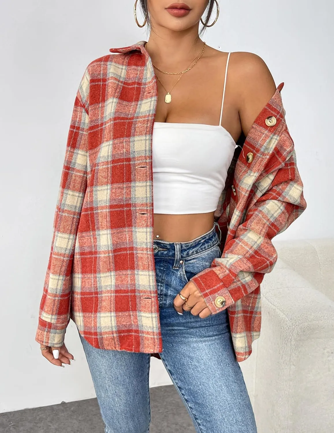 Zeagoo Women Flannel Shacket Jacket Plaid Button Down Long Sleeve Shirt Fall Outfits 2024